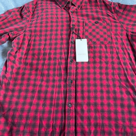 Gucci Mens Checked Wool Cotton Red Shirt Size 15.5 - Picture 2 of 8